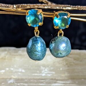 London Blue Topaz 2.5 Carats & Blue Teal Baroque Pearl Earrings 18K Gold Plated